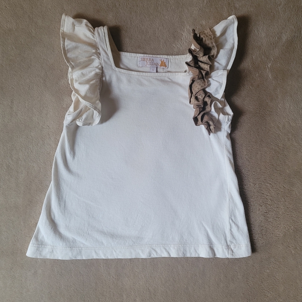 Sierra Julian Girl Cream Flutter Sleeveless Top With Brown Ruffles Size 5